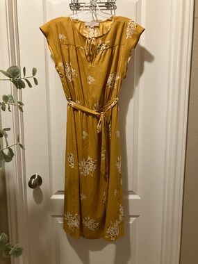 LOFT Mustard Floral Tie-Waist Midi Dress